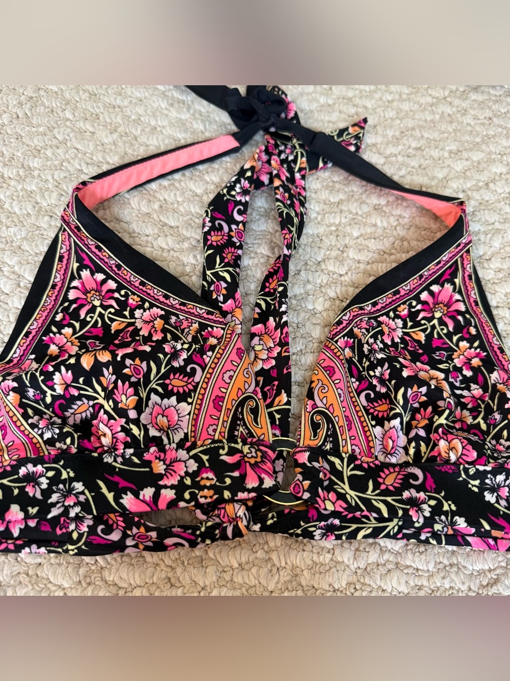 Victoria's Secret Black Floral Halter Bikini Top with Pink & Coral Accents